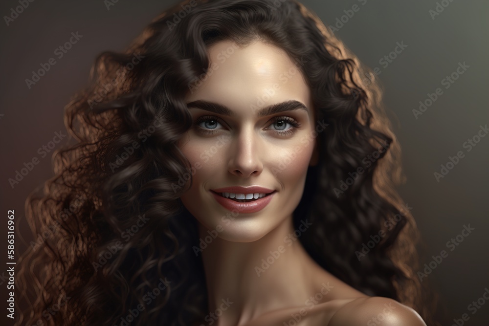 Beautiful brunette model with long curly hair. woman hairstyle wavy curls. Fashion portrait. generative AI