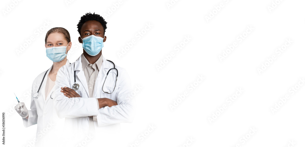 Healthcare Workers. Multiethnic Doctors In Medical Masks And Uniform Over White Background Healthcare Workers. Multiethnic Doctors In Medical Masks And Uniform Over White Background