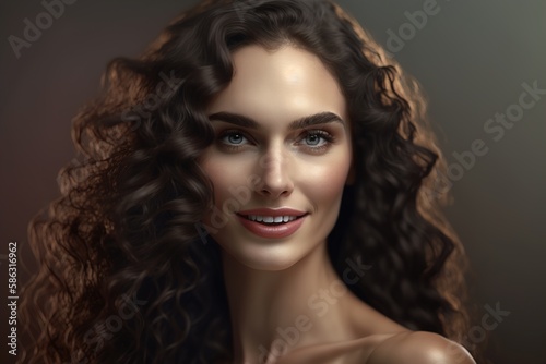 Beautiful brunette model with long curly hair. woman hairstyle wavy curls. Fashion portrait. generative AI