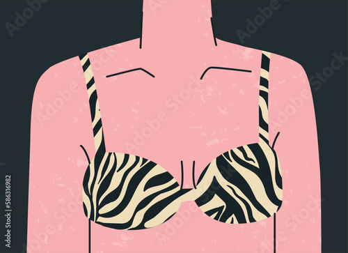 Female bust in a bra or swimsuit top. Brassiere zebra print. Vector trendy illustration for design.