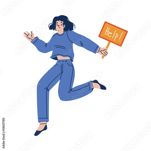 Woman Victim Begging for Help Holding Banner on Pole Vector Illustration