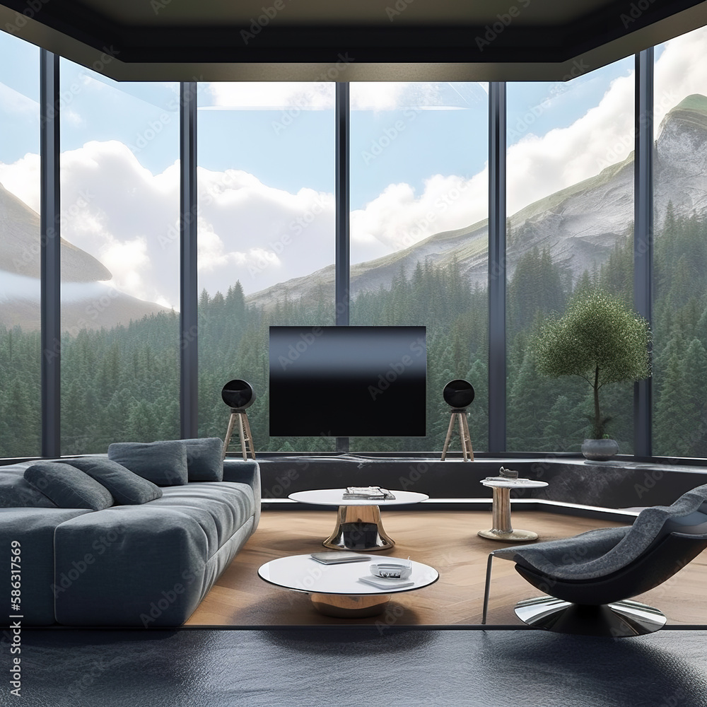 Fototapeta premium Futuristic design interior living room with large windows and overlooking the forest views and mountains, generative ai