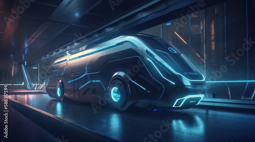 Innovative electric bullet bus design speeding through a futuristic setting with holographic overlays - AI Generated