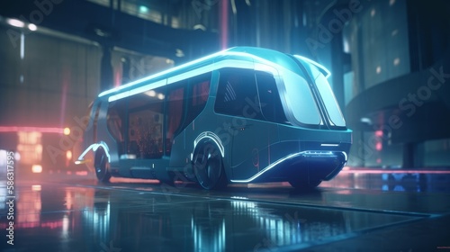 Innovative electric bullet bus design speeding through a futuristic setting with holographic overlays - AI Generated © qntn