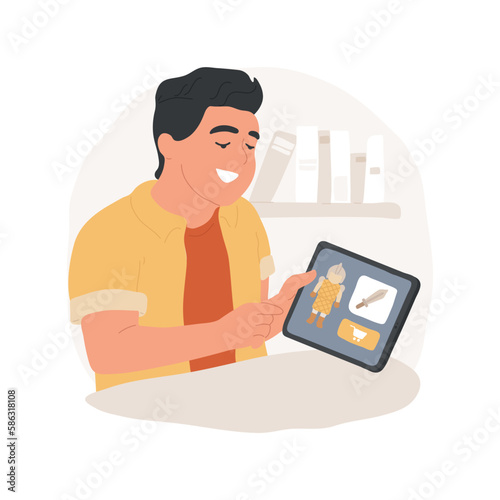 Video games purchase isolated cartoon vector illustration. Teenager sitting with tablet and playing screen, boy buying extras with video games in store, digital technology vector cartoon.
