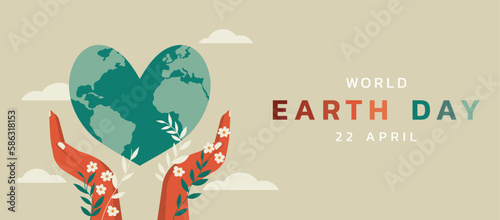 earth day concept with human hands holding heart shape planet for environment care, save the world banner background, vector flat illustration design