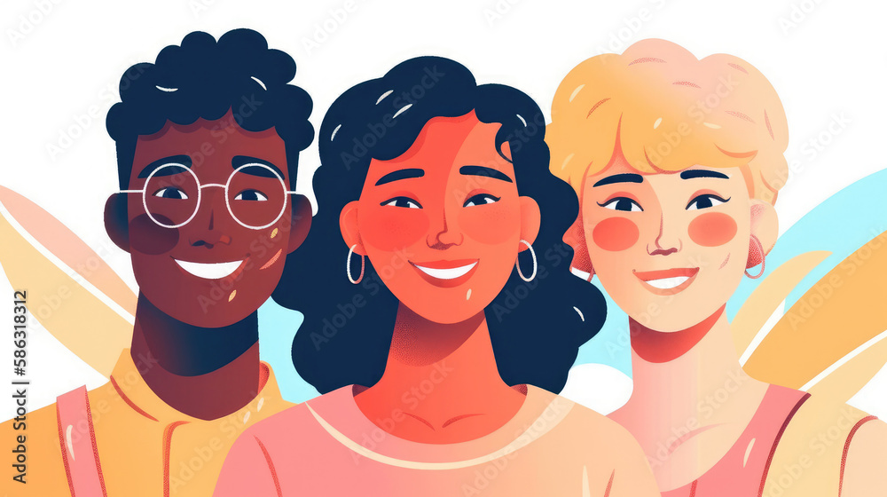 A group of young people selfie with big smiles on their faces. Generative AI