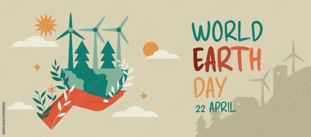 human hand holding half globe with renewable energy sources on nature background for banner, concept eco environment world earth day, vector flat illustration design