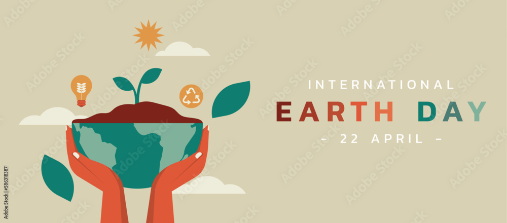 human hands holding half globe with growing plant and flower on nature background for banner, concept eco environment world earth day, vector flat illustration design