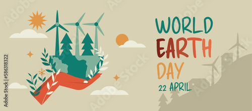 human hand holding half globe with renewable energy sources on nature background for banner, concept eco environment world earth day, vector flat illustration design