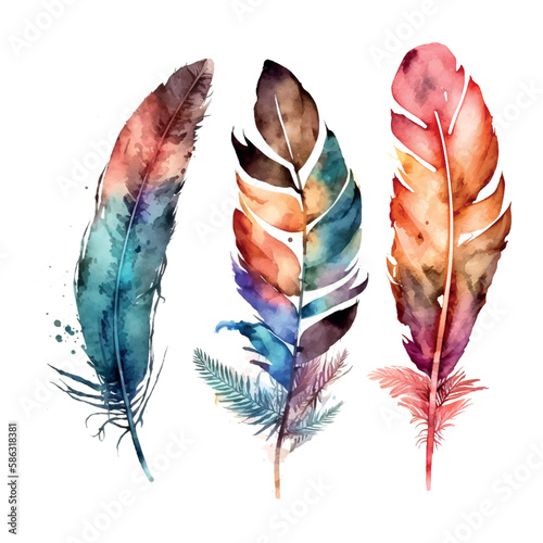 3 hand drawn boho watercolor feathers with ornaments on white background