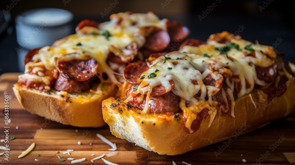 Garlic bread with pepperoni sausage and cheese Generative AI ilustração