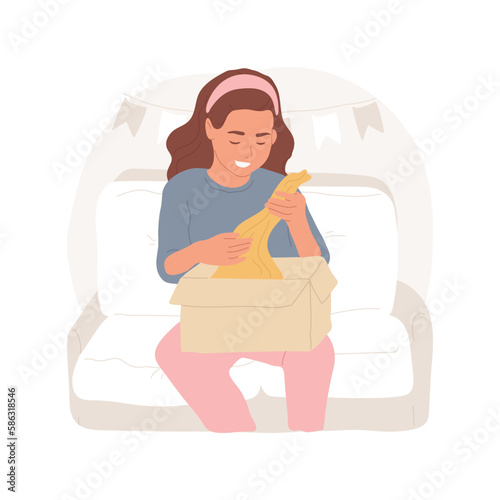 Unpacking parcel isolated cartoon vector illustration. Young happy girl sitting on sofa and unpacking carton box with clothes, opening parcel delivery, receiving online order vector cartoon.