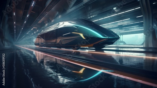 Futuristic electric bullet train speeding in a cutting-edge environment, featuring holographic overlays - AI Generated