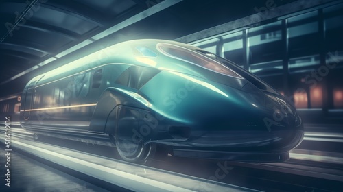 Futuristic electric bullet train speeding in a cutting-edge environment, featuring holographic overlays - AI Generated