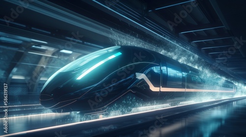 Futuristic electric bullet train speeding in a cutting-edge environment, featuring holographic overlays - AI Generated