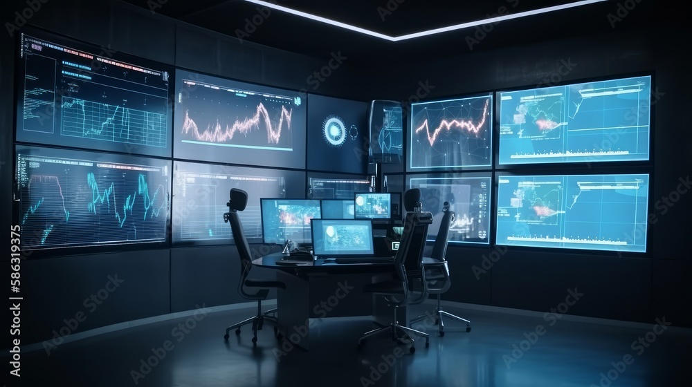 Trading office featuring futuristic screens displaying financial data, embodying robot trading and machine learning concepts for AI-driven finance. Rendered by AI.