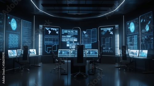 Trading office featuring futuristic screens displaying financial data, embodying robot trading and machine learning concepts for AI-driven finance. Rendered by AI.