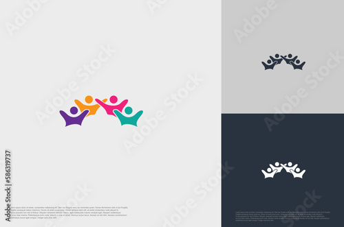 abstract global crown people colorful logo minimalist style illustration. Teamwork symbol.