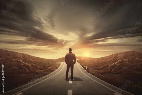 Person on the Winding Road to Success Amidst Blurred Nature Background