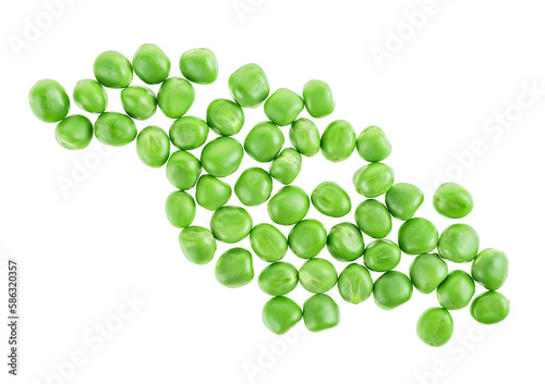 Pile of fresh green peas isolated on a white background, top view.