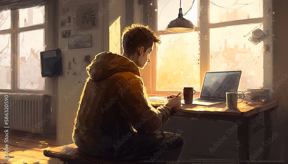 A guy using a laptop at home to attend online classes, surrounded by a cozy environment - ai generated