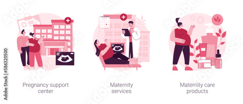 Motherhood abstract concept vector illustration set. Pregnancy support center, maternity services and care products, family planning, perinatal healthcare, natural cosmetics abstract metaphor.
