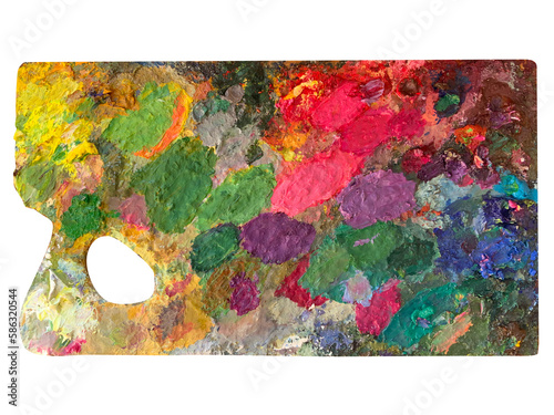 Wooden palette for oil paints with paint  isolated on white background. Bright, stained with colors, a real palette of the artist. Top view.