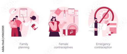 Women healthcare abstract concept vector illustration set. Family planning, female contraceptives, emergency contraception, reproductive health, fertility and pregnancy control abstract metaphor. photo