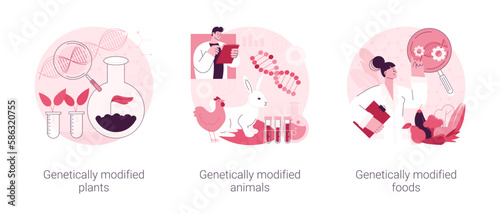 Biotechnology in agriculture abstract concept vector illustration set. Genetically modified plants and animals, GM food industry, gmo farming, transgenic crops, nutrition safety abstract metaphor.