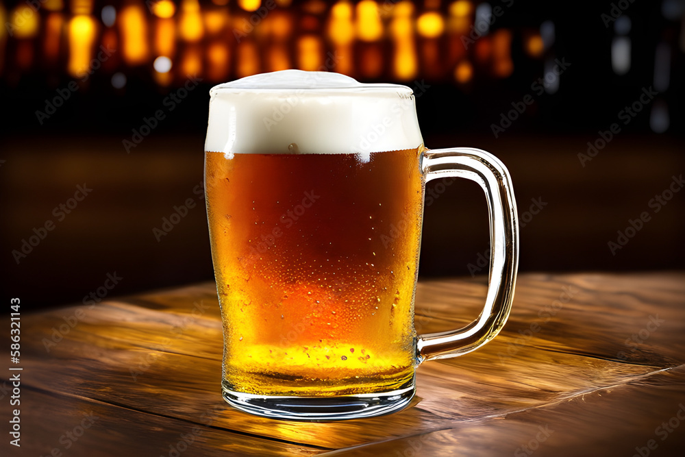 Pint Size Glass Mug of cold chill beer with foam on the table in the pub at night Generative Art Pint Size Glass Mug of cold chill beer with foam on the table in the pub at night Generative Art