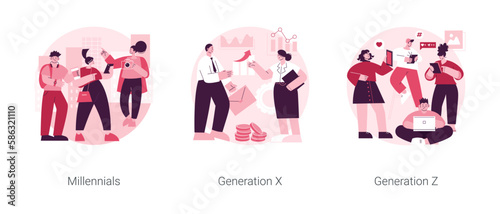 Generational change abstract concept vector illustration set. Millennials, Generation X and Z, digital native, middle age, parents, hyper-connected world, childhood with tablet abstract metaphor.