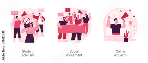 Political and social change abstract concept vector illustration set. Student and online activism, social movement, big crowd, mass protest, group action, digital communication abstract metaphor.