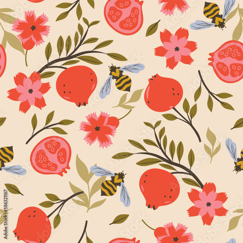 Seamless pattern with pomegranates, flowers and wasps. Vector graphics.