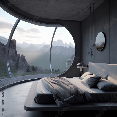 Futuristic design interior bedroom interior with large windows and mountain views, generative ai