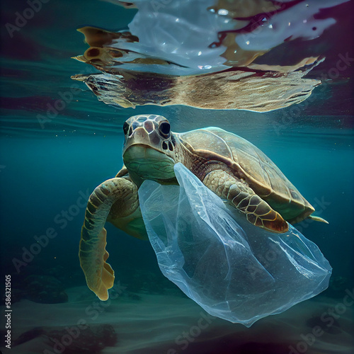 Sea turtle eating a plastic bag, environment pollution, filthy ocean by trash, danger to maritime animal, generative AI