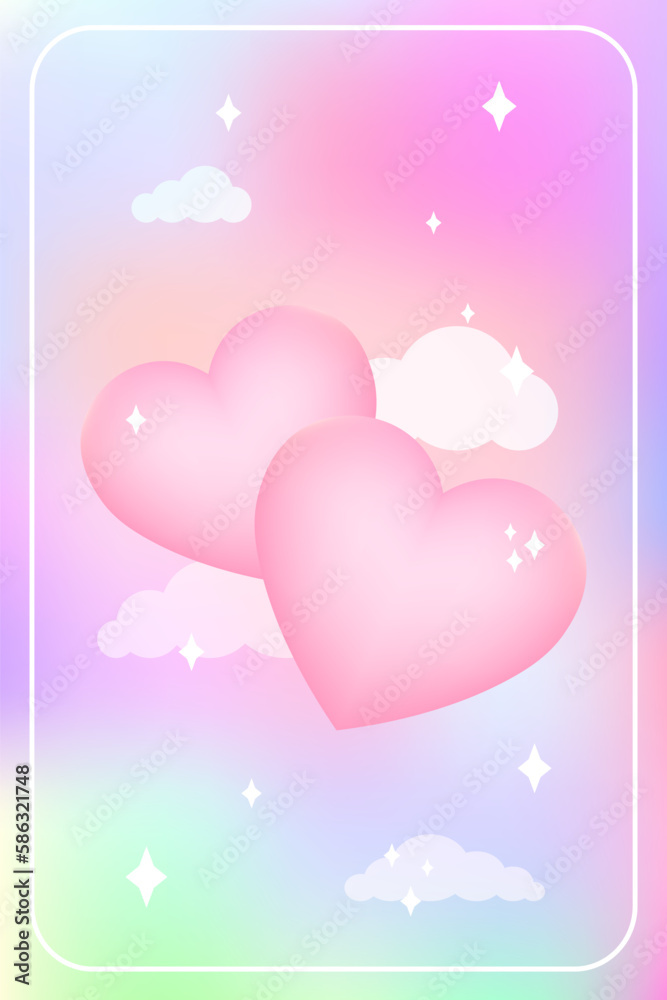 Y2k heart blurred gragient card. Happy Valentine s Day holographic vector poster background with cloud and hearts geometric shape in trendy 90s, 00s psychedelic style. Rainbow holo vibrant and pink