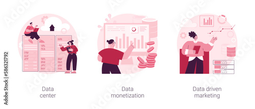 Selling database abstract concept vector illustration set. Data center, remote storage, information monetization, data-driven marketing strategy, customer information, campaign abstract metaphor.