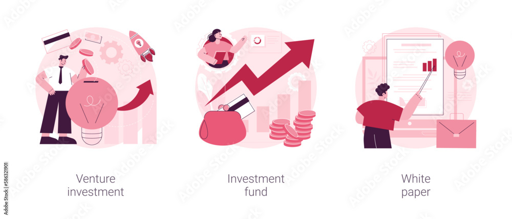 Startup financing abstract concept vector illustration set. Venture investment, hedge fund, white paper, angel investor, business growth strategy, new product launch, ICO abstract metaphor. Startup financing abstract concept vector illustration set. Venture investment, hedge fund, white paper, angel investor, business growth strategy, new product launch, ICO abstract metaphor.