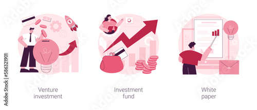 Startup financing abstract concept vector illustration set. Venture investment, hedge fund, white paper, angel investor, business growth strategy, new product launch, ICO abstract metaphor.
