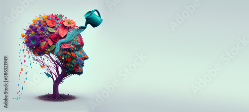 Human brain growing from a tree with flower, watering can is pouring water on the mind, mental health concept, positive attitude, creative thinking, generative AI 