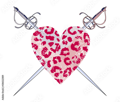 T-shirt design of a heart with animal print and two crossed medieval swords.