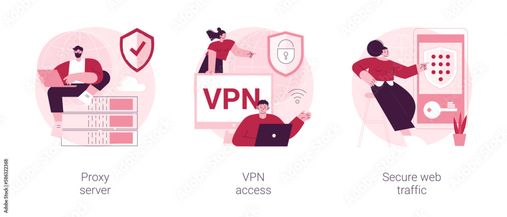Internet security settings abstract concept vector illustration set. Proxy server, VPN access, secure web traffic, IP address, network access, connectivity, encrypted data transfer abstract metaphor. Internet security settings abstract concept vector illustration set. Proxy server, VPN access, secure web traffic, IP address, network access, connectivity, encrypted data transfer abstract metaphor.
