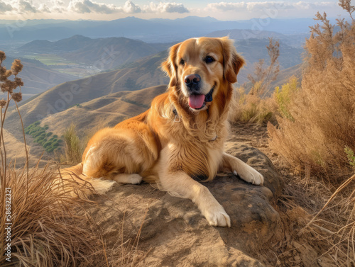 olden retriever on a hiking trail": The dog hiking on a trail in the mountains, with fall foliage and a clear blue sky in the background