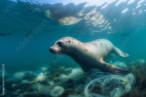 Seal entangled in plastic in the ocean. Environmental problem of plastics. Protection of wildlife. Animals in danger. © JoseLuis