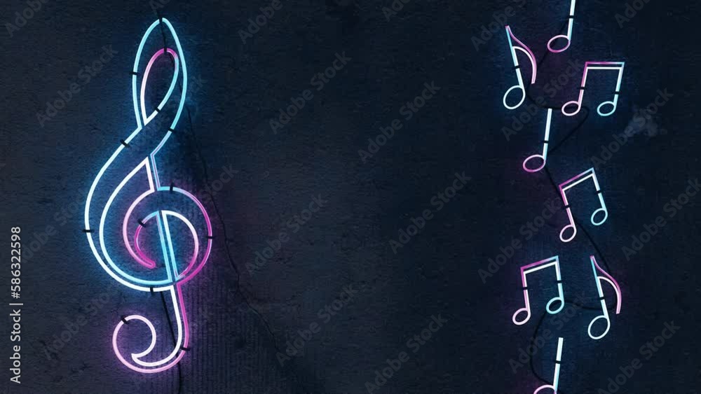 Signo de nota musical de neón. Diseño de fiesta y entretenimiento. Clave de Sol. Señal de neón que brilla intensamente en la noche, pancarta luminosa.