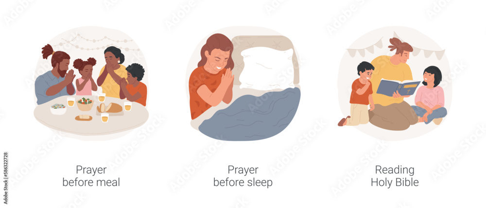 Christian lifestyle isolated cartoon vector illustration set. Diverse christian family members praing before meal, girl holds hands prayer before sleep, reading Holy Bible to child vector cartoon.