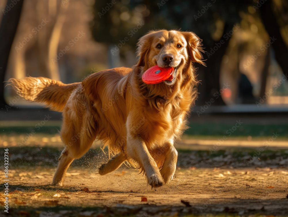 Golden retriever playing with a frisbee in a park, The dog catching a frisbee mid-air, with a park full of greenery and trees in the background Golden retriever playing with a frisbee in a park, The dog catching a frisbee mid-air, with a park full of greenery and trees in the background