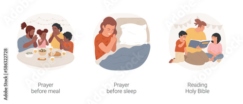 Christian lifestyle isolated cartoon vector illustration set. Diverse christian family members praing before meal, girl holds hands prayer before sleep, reading Holy Bible to child vector cartoon.