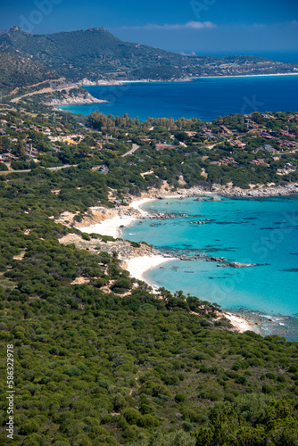 crystal clear water in Porto sa Ruxi beach in Villasimius, top view, Sardinia
